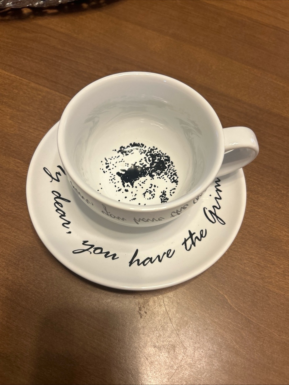 White Ceramic Teacup & Saucer Set with Script Design